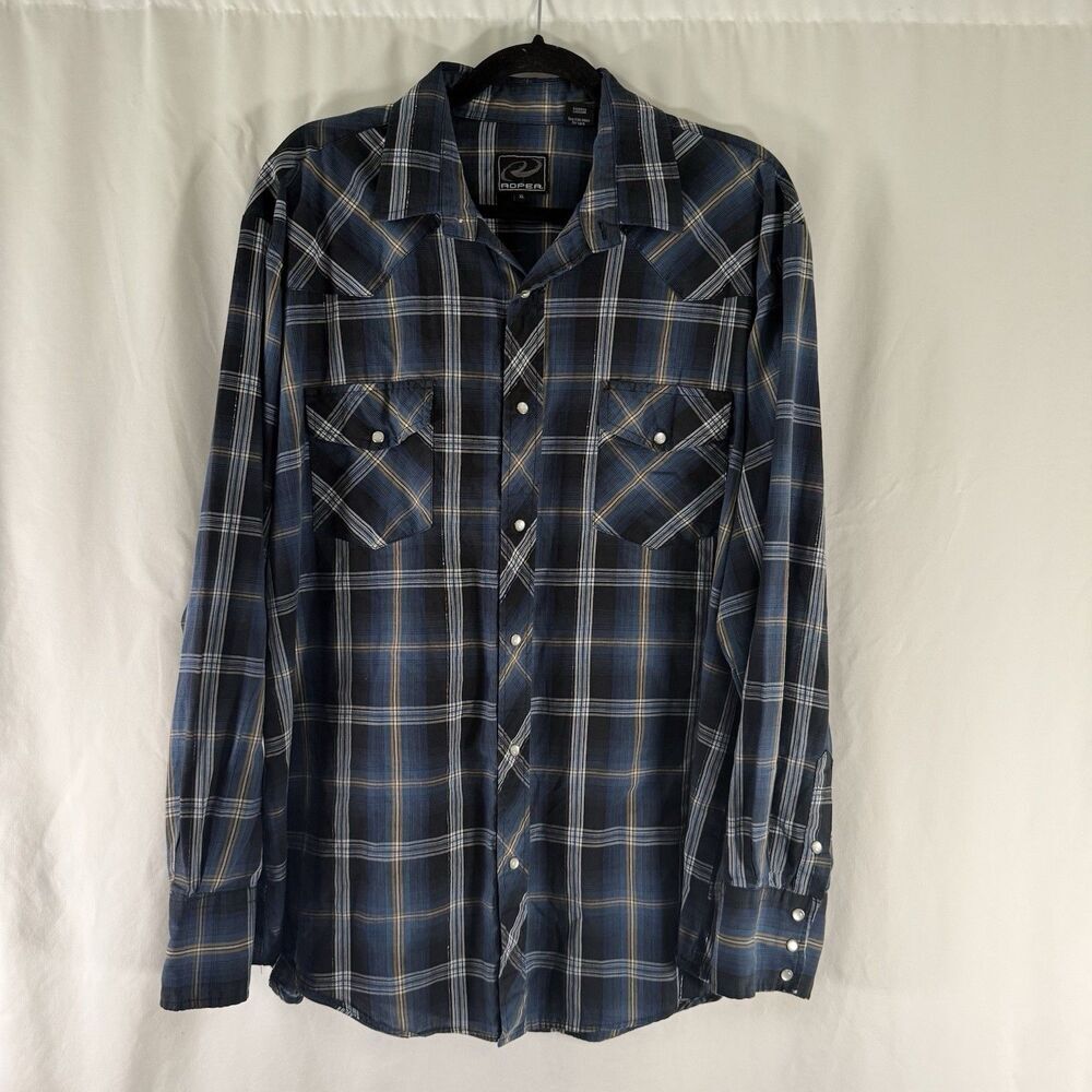 Roper Pearl Snap Shirt Men XL Blue Plaid Long Sleeve Metallic Silver Lightweight